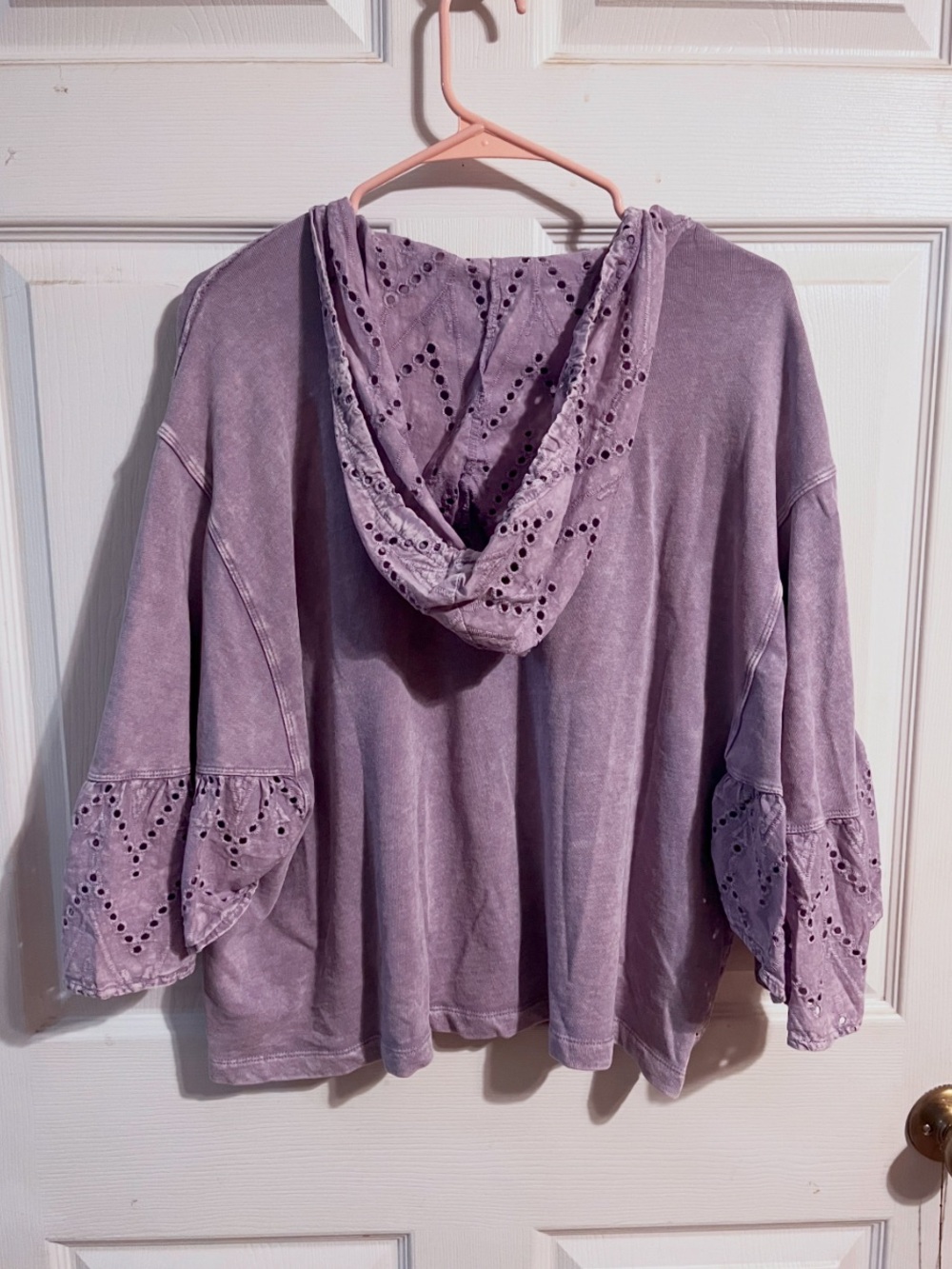 Easel | Washed Lavender Hooded Eyelet Sleeve Top - Sz Small - Picture 10 of 10